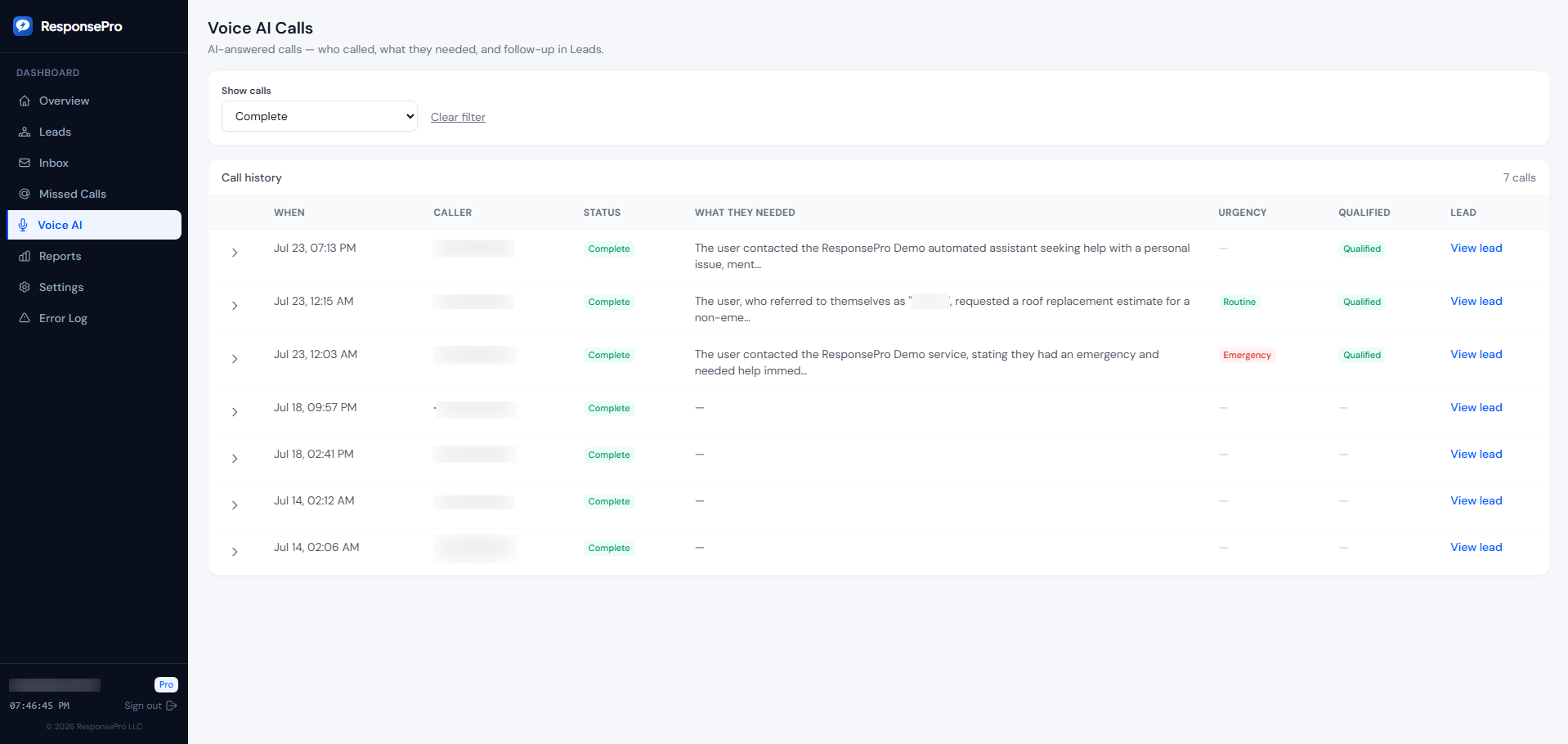 ResponsePro Voice AI dashboard with call transcripts, qualification status, and call summaries