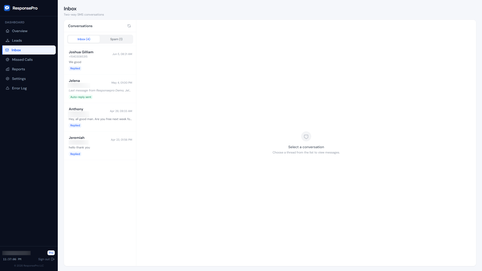 ResponsePro inbox with SMS conversation threads and reply status